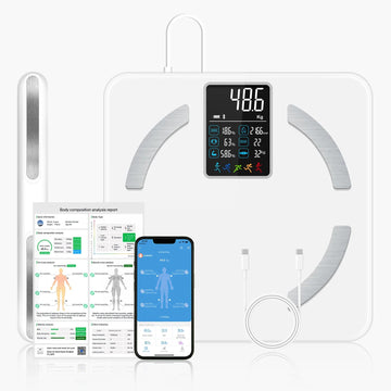 Cantar Electronic Inteligent Professional, 18 iIndici Corporali, 8 Senzori Analiza, Calculator Masa Corporala, Raport Evolutie Utilizator, Display LCD, Integrare IOS/Android, Alb